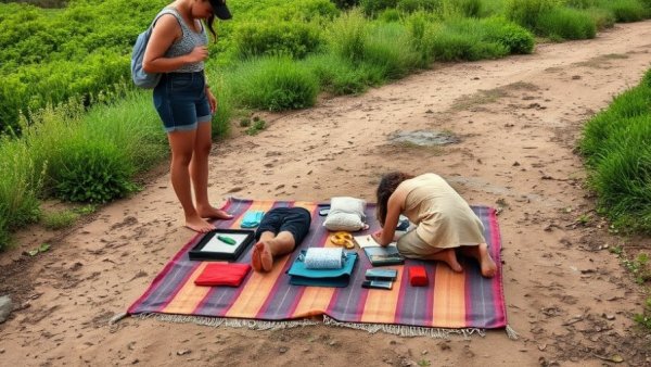 People setting up a guided meditation with animals outdoors.