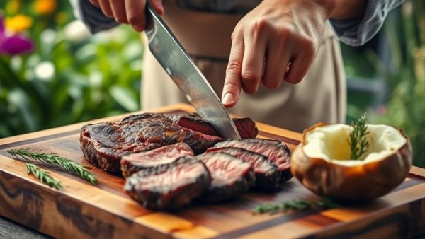 Healthy dining preparation with steak and baked potato, Ohio menu.