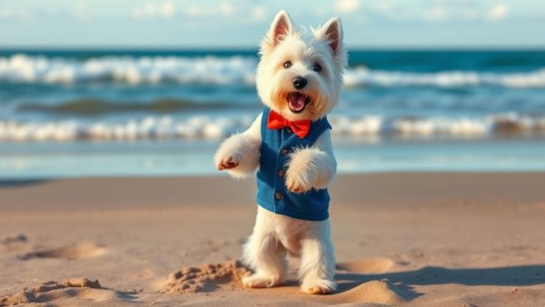 Cute dog in bow tie at the beach; traveling with pets guide.
