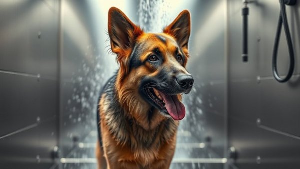 Dog care: German Shepherd being bathed at grooming station.