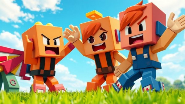 Colorful blocky characters in a playful scene, pet comedy theme.
