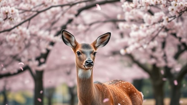 Deer under cherry blossoms in Nara Park.