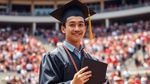 Ohio State graduate smiling in cap and gown at stadium.