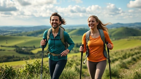 Energetic hikers with poles in lush green landscape.