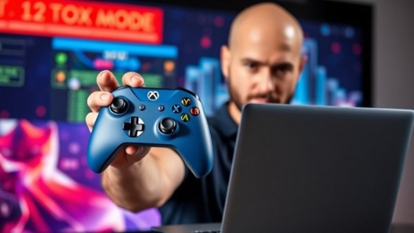 Demonstrating Xbox Mode for Windows 11 on PC with controller and laptop.