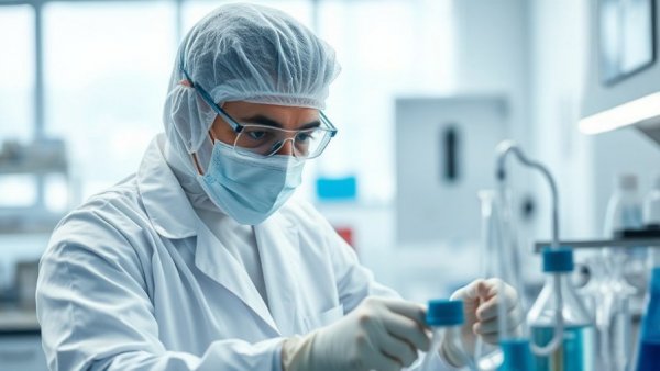 Scientist in lab gear conducting experiments for alternative health treatments.