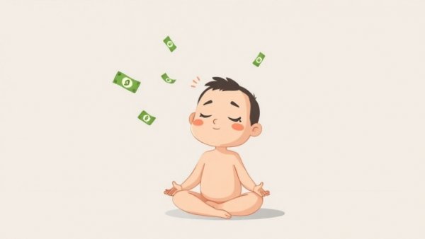 Japanese money habits illustrated by meditating cartoon character with money.