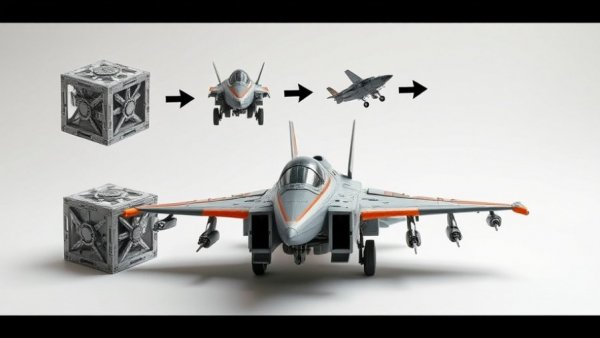 Mechanical toy jet transformation sequence, viral video concept.