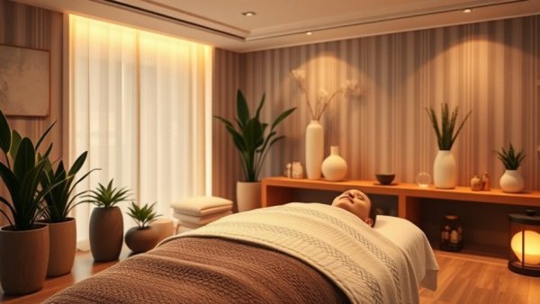 Individual preparing massage in serene, dimly lit wellness center.