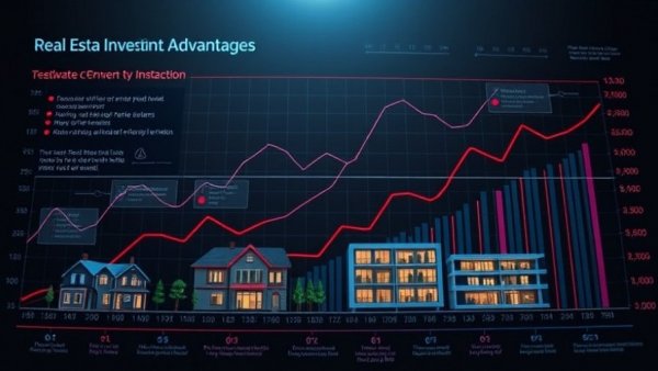 Infographic of real estate investing advantages with graphs and properties.