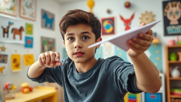 Young man learning how to make a paper airplane indoors
