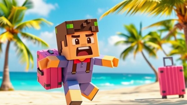 Hilarious cartoon scene with blocky characters on a tropical beach.