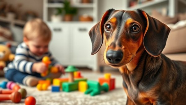 Jealous dachshund observing child play, showcasing pet behavior problems.
