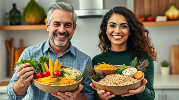 Happy couple showcasing meal for longevity with colorful vegetables.