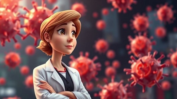Conceptual illustration of cancer remission with cells and woman