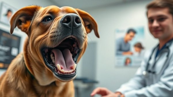 Anxious dog at the vet, mouth open, during check-up.