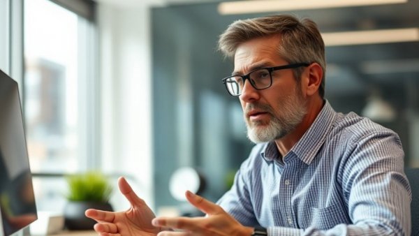 Mature man discussing AI tools in 2026, seated at a desk in an office.