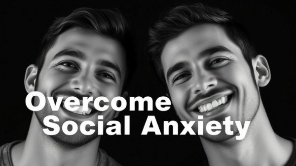 Overcoming social anxiety promotional image with two men's portraits.