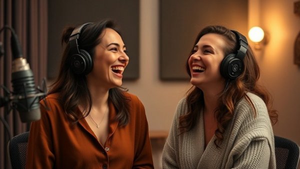 Two women discussing pet affection in a podcast.
