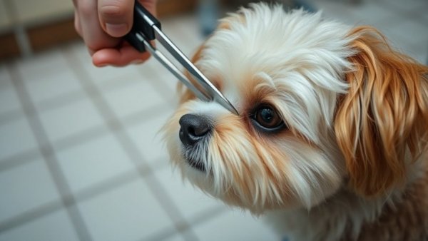 Dog Grooming Tips: close-up of dog grooming session in tiled area.