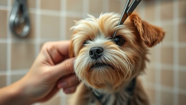 Hands trimming a small dog's fur in a grooming salon.