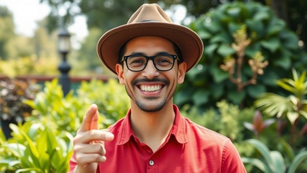 Smiling man in garden discussing vegetable cost benefits.