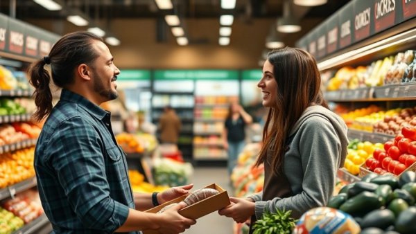 Friendly grocery store interaction exemplifying small acts of kindness.