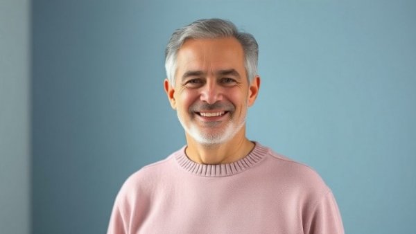 Smiling middle-aged man in light pink sweater indoors.