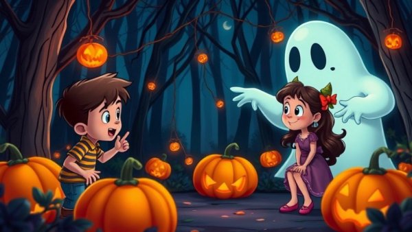 Ghost Stories for Kids: Cartoon ghost with children in a spooky forest.