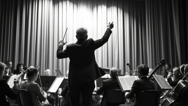 Vintage orchestra performance with conductor's shadow.