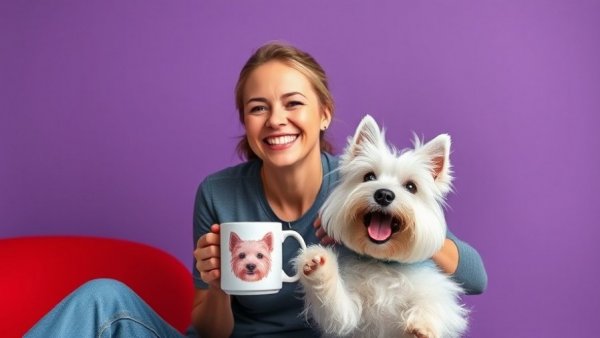 Smiling woman with Westie mug and playful West Highland Terrier, questions before getting a Westie.