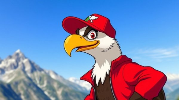 Cartoon eagle in red cap and jacket against a mountain backdrop.