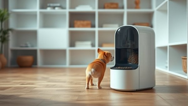 Dog approaching modern Houndsy Kibble Dispenser indoors.