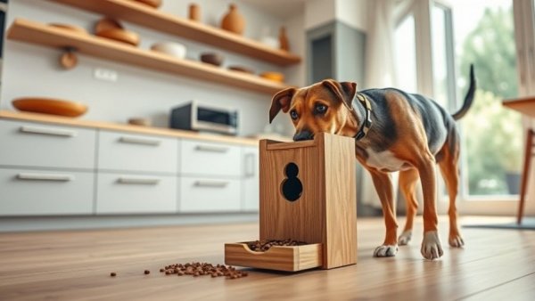 Houndsy Kibble Dispenser with dog, wooden design, kitchen setting.