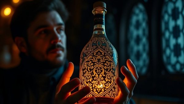 Ornate glowing bottle with person, symbolizing health improvement and wellness.