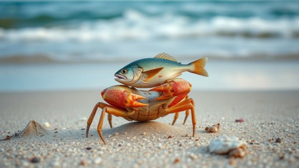 Crab balancing fish on beach illustrating unusual pet behaviors