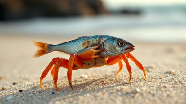 Crab lifting fish on beach, showcasing unique animal behaviors.