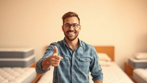 Man presenting comfortable mattresses for senior citizens with enthusiasm.
