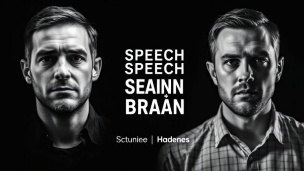 Banner on the science of language and speech with two individuals.