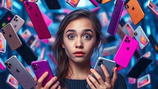 iPhone 18 launch cycle: Woman amidst floating iPhones, surprised.