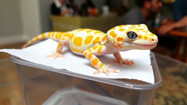 Albino leopard gecko in a clear container, detailed view.