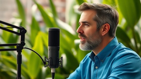 Podcaster discussing digital marketing content with a green backdrop.