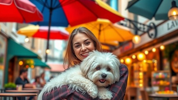 Woman travels with dog under colorful umbrellas, traveling with pets guide.