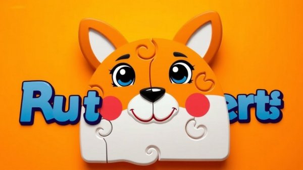 Creative puzzle piece with animal face on bright orange background.