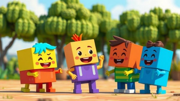 Colorful block-style characters in a comedic outdoor scene