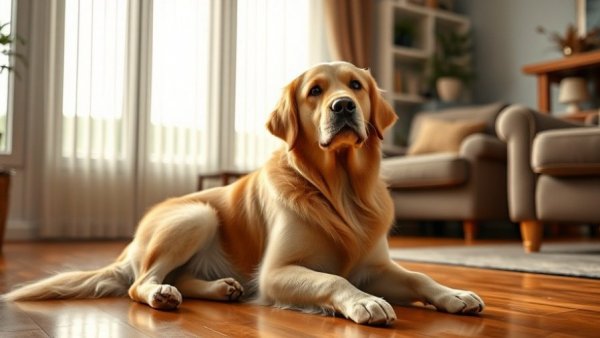 Charming golden retriever sitting in a living room with wooden flooring.