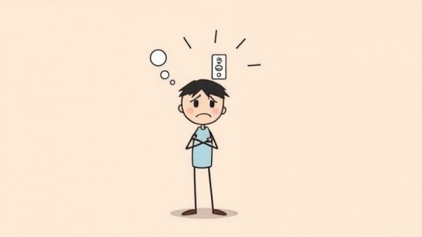 Frustrated stick figure with a switch illustrating overthinking loop.