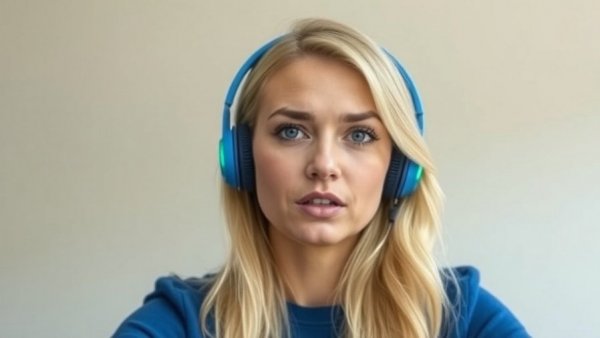 Blonde woman wearing blue headphones on a video call, attentive expression.