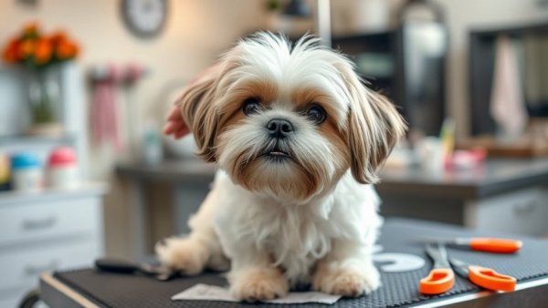 Curious Shih Tzu being groomed on a table, demonstrating how to take care of a dog.