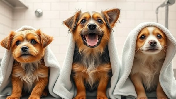 Dog transformation ASMR: wet dogs wrapped in towels.